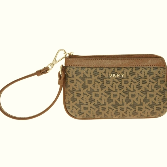 Dkny Handbags - DKNY Brown/Tan Logo Wristlet Wallet Handbag Zip up Leather Purse